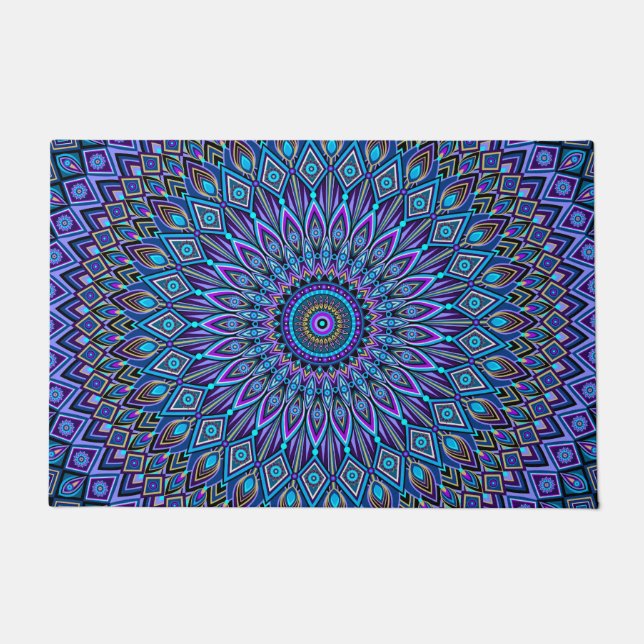Mandala Boho Blue Aquamarin Lila Peacock Gold Vibr Fußmatte (Vorderseite)