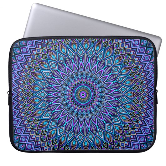 Mandala Boho Blue Aquamarin Lila Peacock Gold Vibr Laptopschutzhülle (Vorderseite)