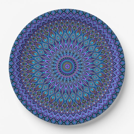 Mandala Boho Blue Aquamarin Lila Peacock Vibrant Pappteller (Vorderseite)