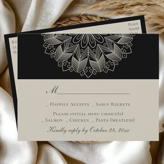 Mandala Boho Indian Elegant Black Wedding RSVP Einladungspostkarte
