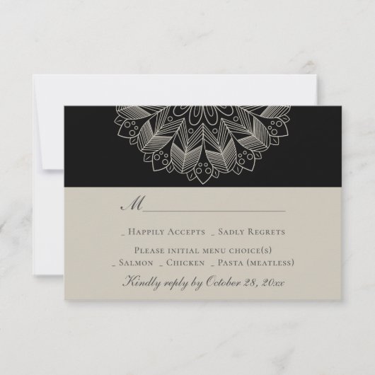 Mandala Boho Indian Elegant Black Wedding RSVP Karte (Vorderseite)