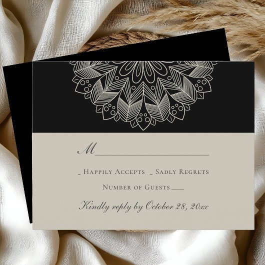 Mandala Boho Indian Elegant Black Wedding RSVP Karte