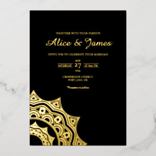 Mandala-Ecke Elegante Schwarze Goldfolie-Hochzeit Folieneinladung