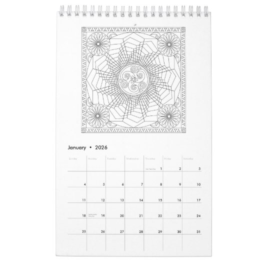Mandala Farbseiten Kalender in Schwarz und Weiß (Jan 2026)