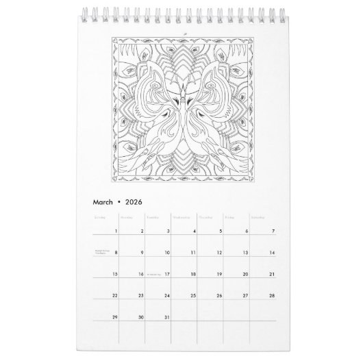 Mandala Farbseiten Kalender in Schwarz und Weiß (Mär 2026)