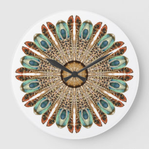 Mandala Feathers Watercolor: Natural Lace Design Große Wanduhr
