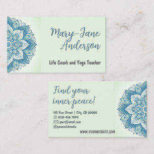 Mandala Floral Design Yoga Studio Pastel Mint Aqua Visitenkarte