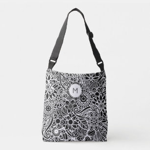 Mandala Floral Monogram Schwarz-weiß Tragetaschen Mit Langen Trägern