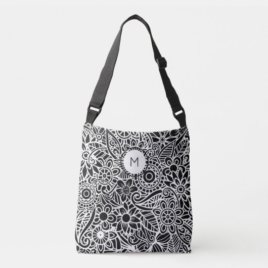 Mandala Floral Monogram Schwarz-weiß Tragetaschen Mit Langen Trägern (Vorderseite)