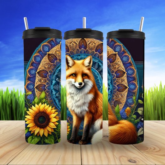 Mandala Fox mit Blumendetails Thermosbecher