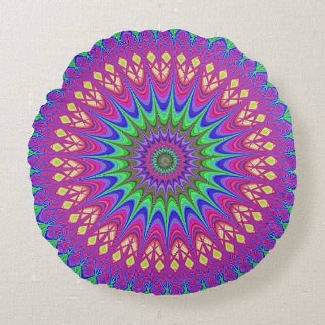 Mandala Geometric Psychedelic Retro Hippie Rundes Kissen (Vorderseite)