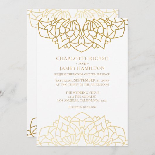 Mandala Gold White Pattern Personalisierte Hochzei Einladung (Vorne/Hinten)