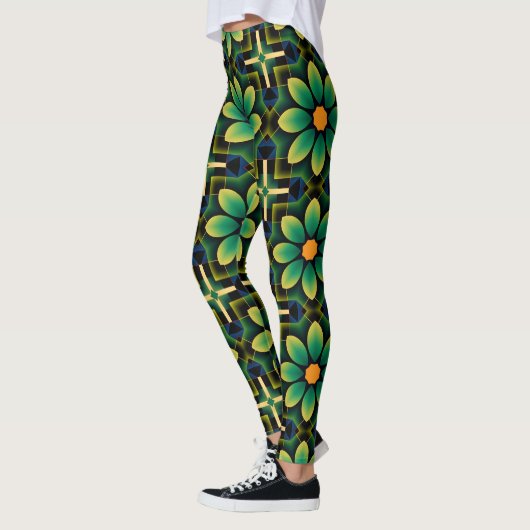 Mandala Green und Yellow Floral Geometric Pattern Leggings (Links)