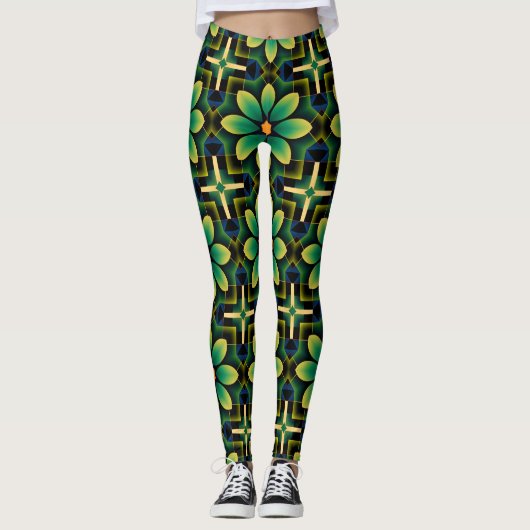 Mandala Green und Yellow Floral Geometric Pattern Leggings (Vorderseite)