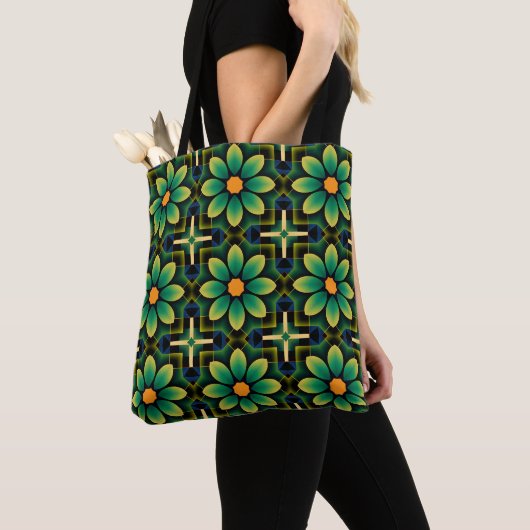 Mandala Green und Yellow Floral Geometric Pattern Tasche (Von Nahem)