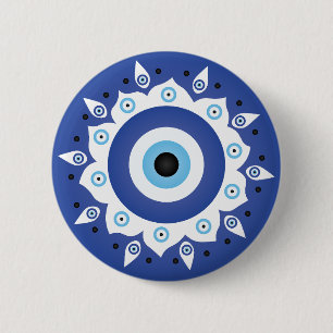 Mandala Griechisch Evil Eye Blue White Button