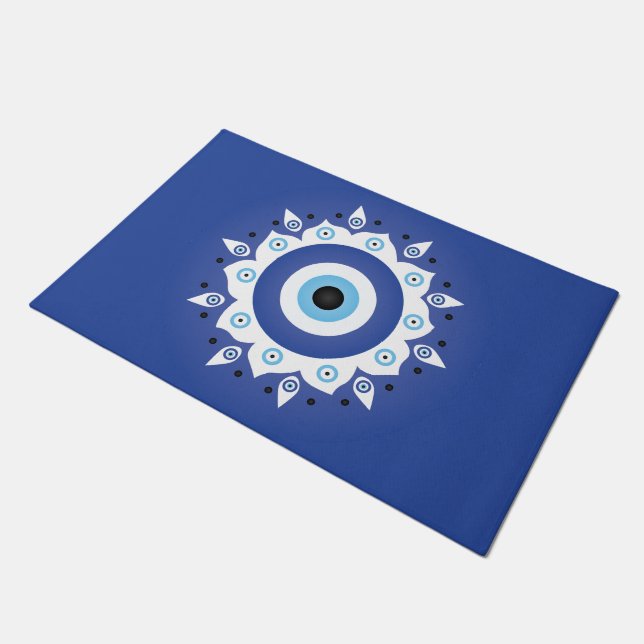 Mandala Griechisch Evil Eye Blue White Fußmatte (Schrägansicht)