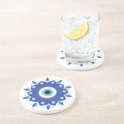Mandala Griechisch Evil Eye Blue White Getränkeuntersetzer (Seite)