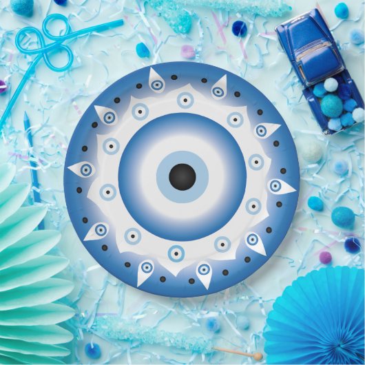 Mandala Griechisch Evil Eye Blue White Pappteller (Party)