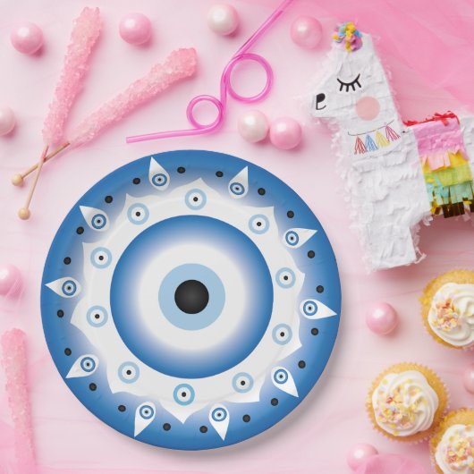 Mandala Griechisch Evil Eye Blue White Pappteller (Party)