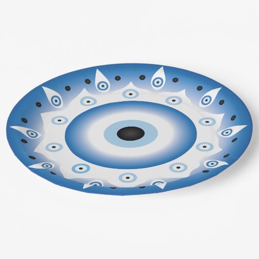 Mandala Griechisch Evil Eye Blue White Pappteller (Schrägansicht)