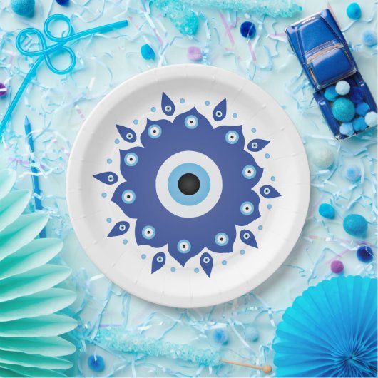 Mandala Griechisch Evil Eye Blue White Pappteller (Party)
