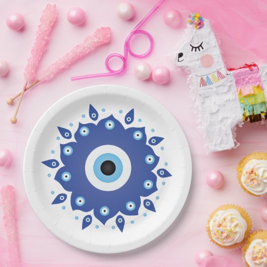 Mandala Griechisch Evil Eye Blue White Pappteller (Party)