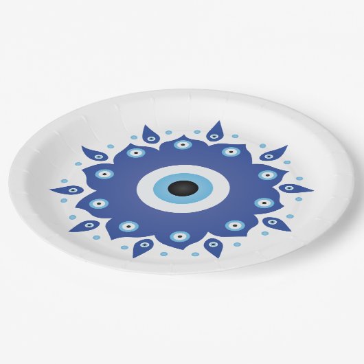 Mandala Griechisch Evil Eye Blue White Pappteller (Schrägansicht)