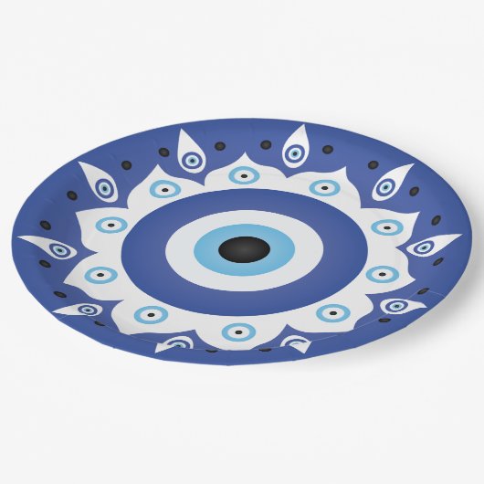 Mandala Griechisch Evil Eye Blue White Pappteller (Schrägansicht)