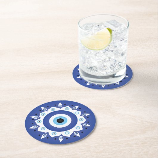 Mandala Griechisch Evil Eye Blue White Runder Pappuntersetzer (Vor Ort)