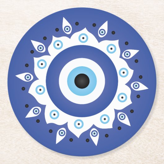 Mandala Griechisch Evil Eye Blue White Runder Pappuntersetzer (Vorderseite)