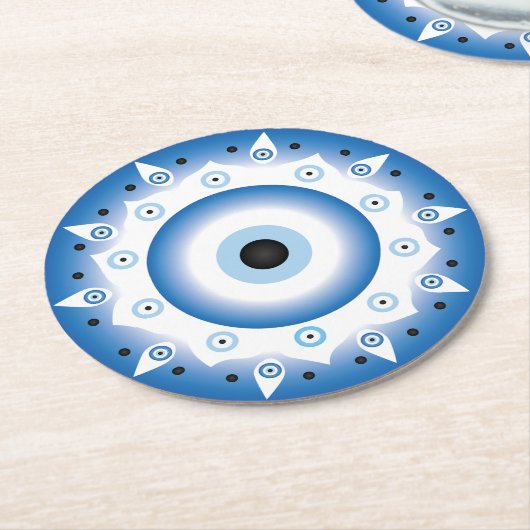 Mandala Griechisch Evil Eye Blue White Runder Pappuntersetzer (Angewinkelt)