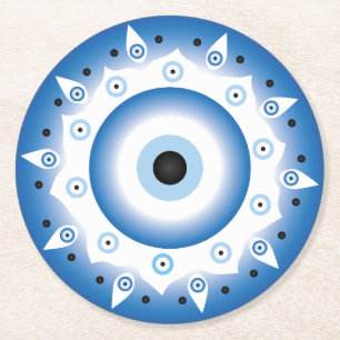 Mandala Griechisch Evil Eye Blue White Runder Pappuntersetzer