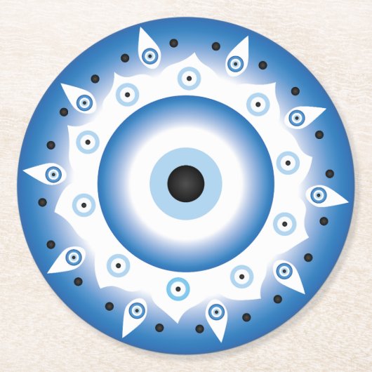 Mandala Griechisch Evil Eye Blue White Runder Pappuntersetzer (Vorderseite)