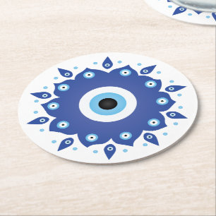 Mandala Griechisch Evil Eye Blue White Runder Pappuntersetzer