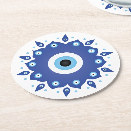 Mandala Griechisch Evil Eye Blue White Runder Pappuntersetzer (Angewinkelt)