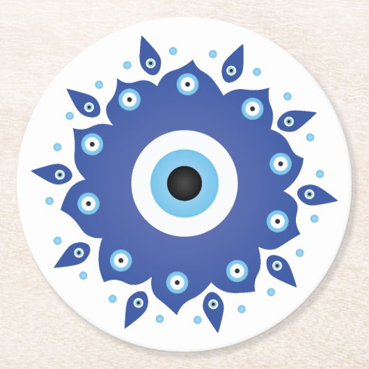 Mandala Griechisch Evil Eye Blue White Runder Pappuntersetzer (Vorderseite)