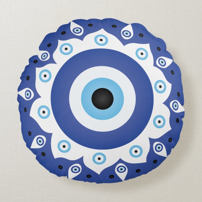Mandala Griechisch Evil Eye Blue White Rundes Kissen (Vorderseite)