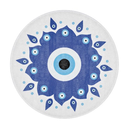 Mandala Griechisch Evil Eye Blue White Schneidebrett (Vorderseite)