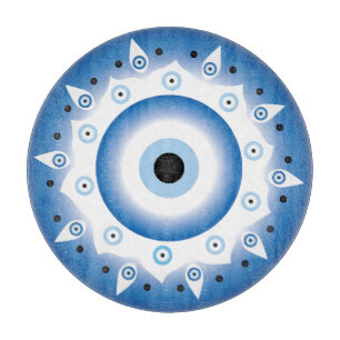 Mandala Griechisch Evil Eye Blue White Schneidebrett