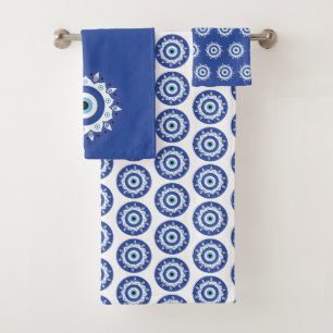 Mandala Griechisch Evil Eye Pattern Blau Weiß Badhandtuch Set
