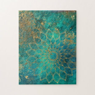 Mandala Grunge Gold auf Aquamarinen Abstrakten Puzzle