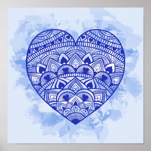 Mandala Heart Blue Watercolor Print Poster (Vorne)