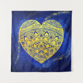 Mandala Heart Luminous Gold und Blue Wandteppich