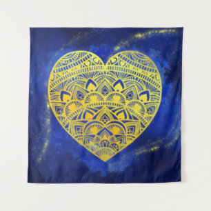 Mandala Heart Luminous Gold und Blue Wandteppich