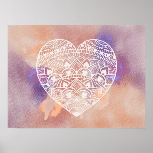 Mandala Heart Soft Peach Lila Watercolor Print Poster (Vorne)