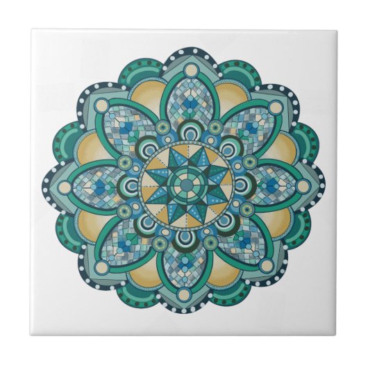 Mandala in Blues, Grüntöne und Gold Fliese (Vorderseite)