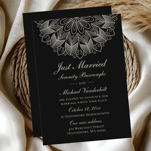 Mandala Indian Boho Black Just Married Wedding Ankündigung