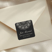 Mandala Indian Boho Black Just Married Wedding Quadratischer Aufkleber