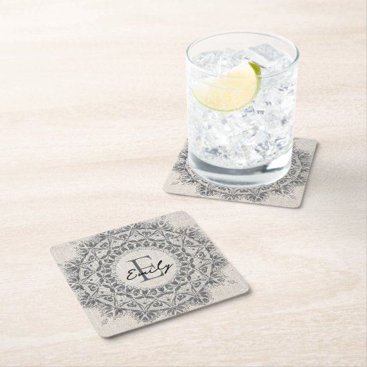 Mandala Individuelle Name Monogram, hellgrau Rechteckiger Pappuntersetzer (Vor Ort)